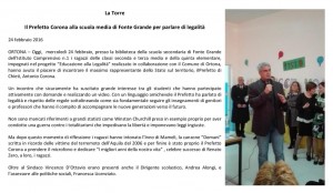 La Torre - Il Prefetto Corona alla scuola di Fonte Grande per parlare di legalità